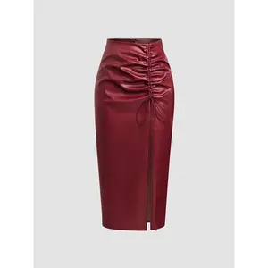 Women's Ruched Drawstring Split Thigh Pu Leather Skirt, Fashion Casual High Waist Long Skirt for Daily Wear, Women's Bottoms for Spring & Fall Valentine's Day, gift