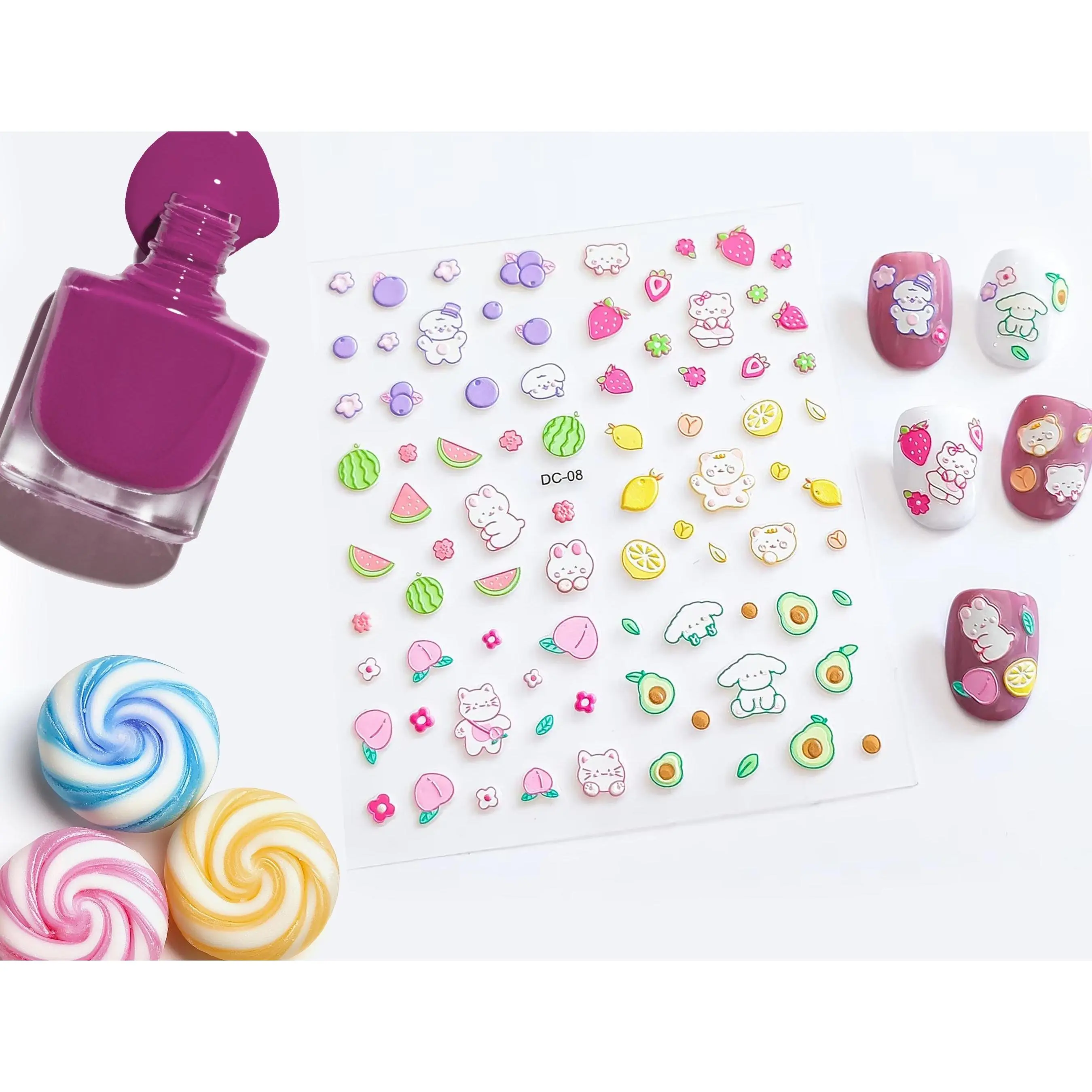 5d Kawaii Nail Decals, Cute Bunny and Bear Nail Decals, Fruit Nail Decals, Rainbow Nail Decals, Kawaii Nail Stickers, Berry Nail Stickers
