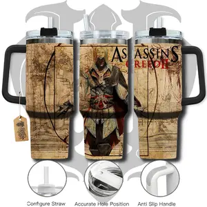 HardTimesMerch - Assassin’s Creed II #1 40oz Handle Tumbler Stainless Steel Travel Mug, Game Inspired Vacuum Insulated Cup, Large Iced Coffee Tumbler, Manga Fighter Drinkware, Gamer Gift for Him Her