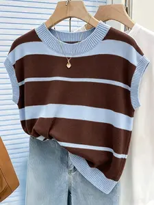 2026 Summer Lurex Striped Soft Comfort Knit T-Shirt, Women's Casual Loose Short Sleeve Sweater, Minimalist Fashion Essential Top