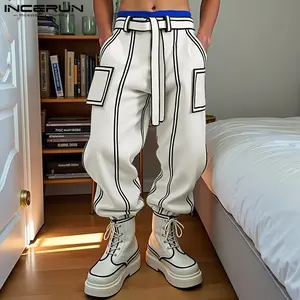 INCERUN Men's Corduroy Casual Athletic Street Style Joggers - Cuffed Ankle Length Mix-and-Match 2-Toned Pants with Outline Stitch, Blocked Piping for Defined Seams, Graphic Comic Book Effect, Casual Athletic Joggers