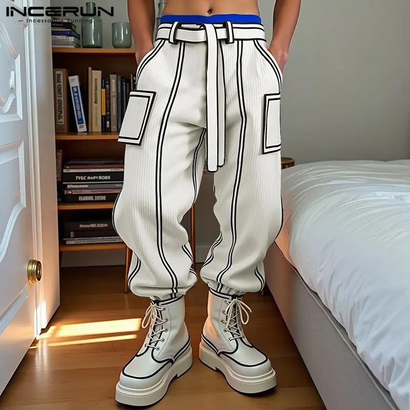 INCERUN Men's Corduroy Casual Athletic Joggers - Street Style Joggers with Cuffed Ankle-Length, 2-Toned Design, Outline Stitch, Blocked Piping for Defined Seams, Graphic Comic Book Effect, Mix-and-Match Feature