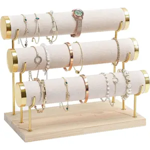 Bracelet Holder Display Bracelet Organizer Stand, Gold Detachable Bangle Stor Rack for Selling, Veet Wrap Watch Holder with Wooden Base for Women Girls, Business Supplies - 3 Tier, Beige