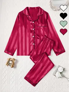 Women's Long Sleeve Pyjama Set, Striped Jacquard Design, Satin Fabric, Comfortable Sleepwear, Loungewear, All Seasons, Multiple Colors Available
