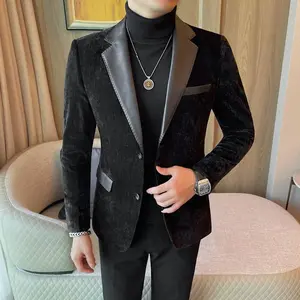 Men’s new-style patchwork suit jacket, slim and stylish, featuring a textured suede suit top—formal menswear fabric outfit with long sleeves for workwear, black