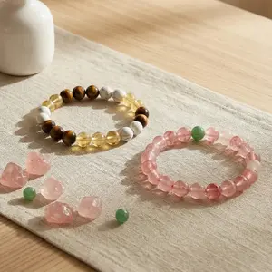 Hcrystyle Bracelet set - Natural Strawberry Quartz, Tourmaline, Ctrine, Tiger's eye stone & Howlite combination Designed for love, friendship and positivity - Gift for love ones/ friends- birthday/ anniversary gift | 8mm beads 6.5-7.5 inches