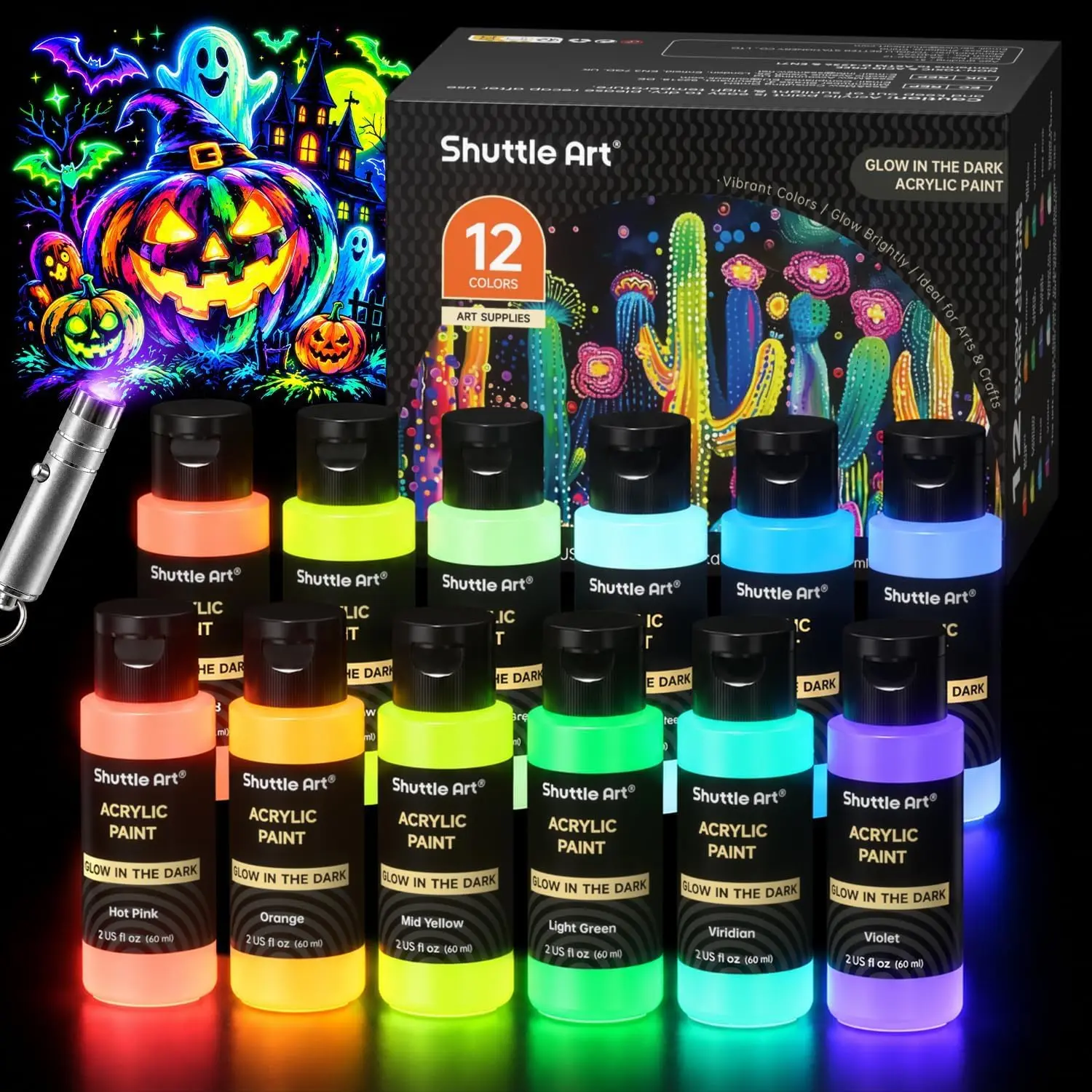 Shuttle Art Glow in the Dark Paint, 12 Colors with UV Light, 2oz/60ml Bottles, Ideal for Art Painting and Crafts, Great for Artists, Beginners on Rocks, Wood, Canvas, Fabric, and Halloween Decorations