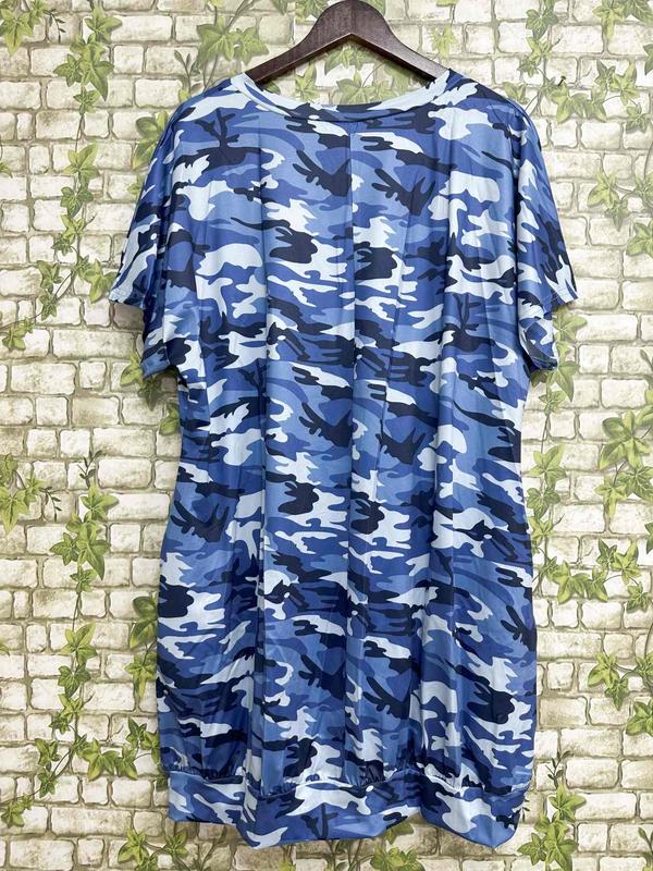 Plus Size Camo Print Pocket Tee Dress, Casual V Neck Batwing Sleeve Short Dress for Summer, Women's Plus Clothing for Daily Wear