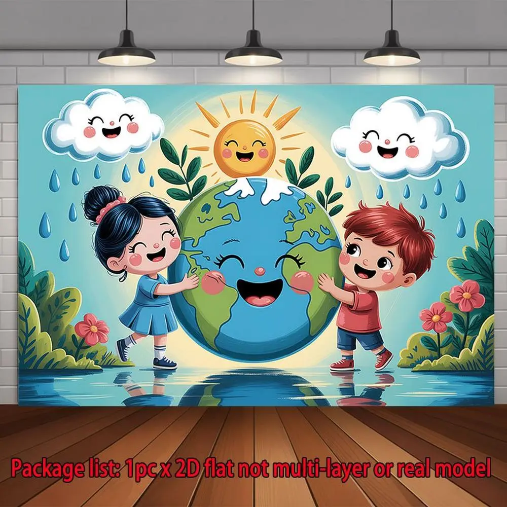 2D Flat Polyester Photography Backdrop - HD Digitally Printed Cartoon Hugging Earth Globe, Smiling Sun & Clouds, Soft Lightweight Foldable Machine Washable, All Seasons Home/Festive Decor for Photo Booth, Studio Shooting