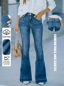 Women's Casual Fitted Denim Flared Pants with Side Pockets, Button, Modern Summer Long Jeans Womenswear for Stylish Comfort, Versatile Everyday Wear Streetwear
