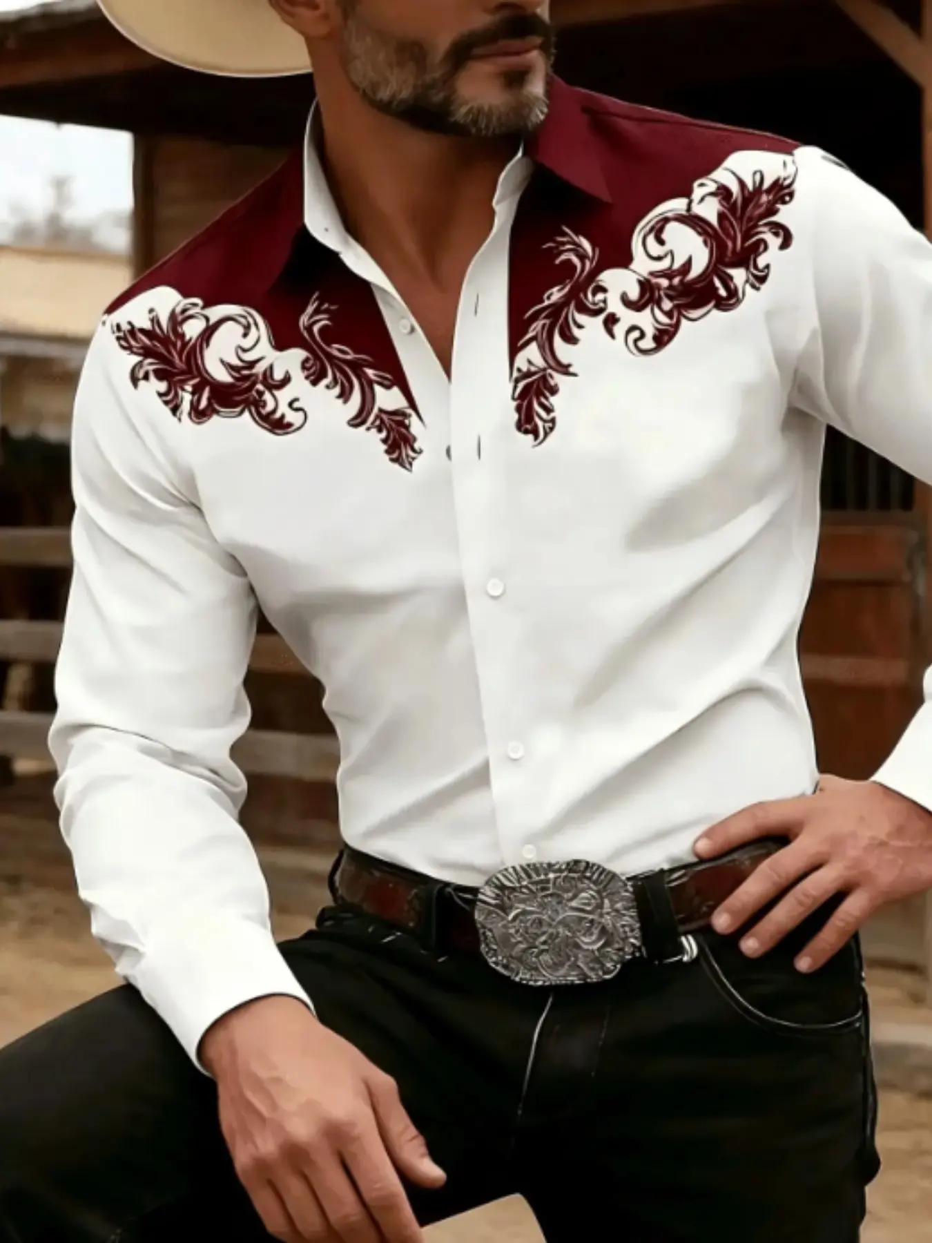 Men's Western Style Shirt, Cowboy Print Shirt, Long Sleeve Fitted Top, Jeans Performance Wear, Casual Fashion Outerwear, Spring & Fall