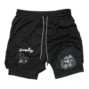 Greedy Boyz Unisex Men's Cross Print 2-in-1 Sports Shorts - Drawstring Waist, Regular Fit, Breathable Quick-Drying, Pocketed Summer Bottoms for Gym, Running