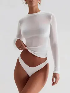 Women's Slim-Fit Long Sleeve Round Neck Top, Basic Kint Fabric Tee Shirt, All Season Wearable Women Clothing Apparel