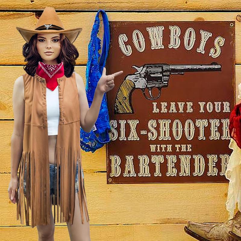 Western Cowgirl Outfits for Women Cowgirl Fringe Vest Cowboy Hat Necklace Bandana,70s Hippie Costume for Halloween Western Cowgirl Outfits for Women Cowgirl Fringe Vest Cowboy Hat Necklace Bandana,70s Hippie Costume for Halloween