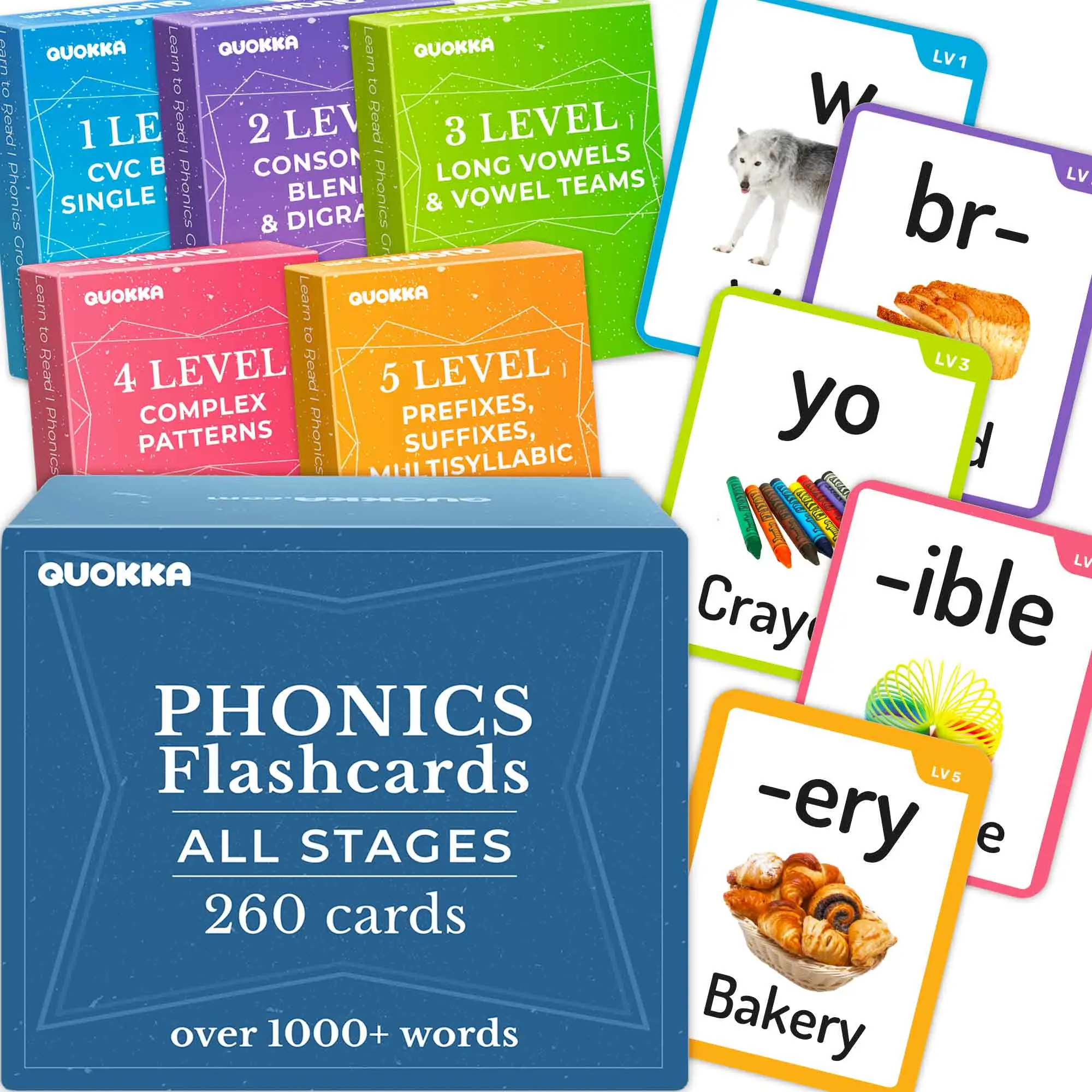 QUOKKA Cardboard Phonics Flash Cards with Colorful Visuals - Early Literacy Tool for Ages 4+, Alphabet Learning, 260 Words, 20 Reading Stages, Learn-to-Read Games, Phonics Manipulatives for Classroom & Homeschool, Preschool Learning