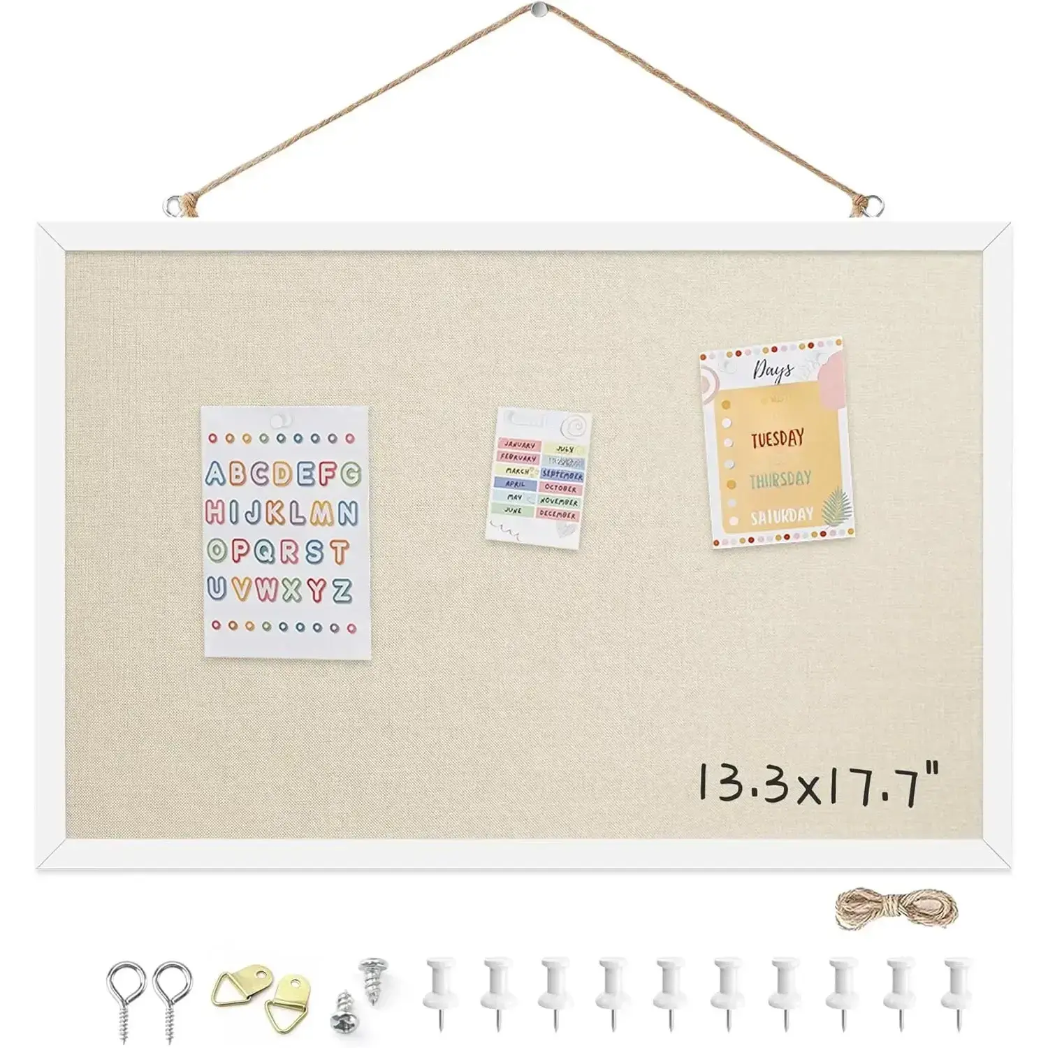 13.3x17.7 InchCork Board for Wall Hanging with Linen, Bulletin Board with Push Pins, Mounted Memo Message Board for Home Office Decor, Dorm Room Essentials, Classroom Organization