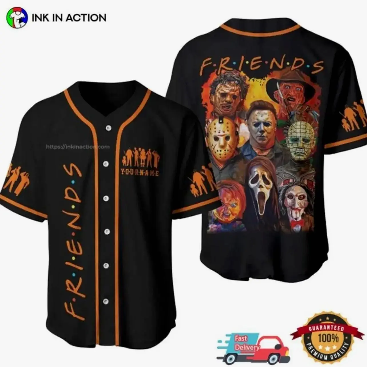 Horror Movie Characters FRIENDS Halloween Baseball Jersey, Scary Villains Team Shirt, Spooky Movie Tee, Perfect Halloween Gift