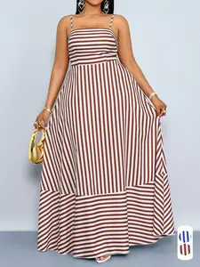 Summer Casual Elegant Striped Women's Plus Size Dress, Thin Strap off Shoulder Waist Cinching Pockets, Perfect for Vacation Beach Commuting, Casual Wear
