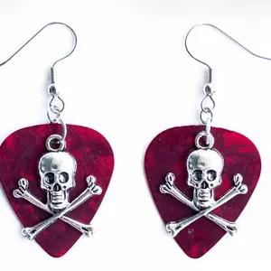 Red Pirate Skull Guitar Pick Earrings - Hypoallergenic Surgical Steel Posts, Punk Gothic Pirate-Core Bucs Fan Chic, Handcrafted in the USA
