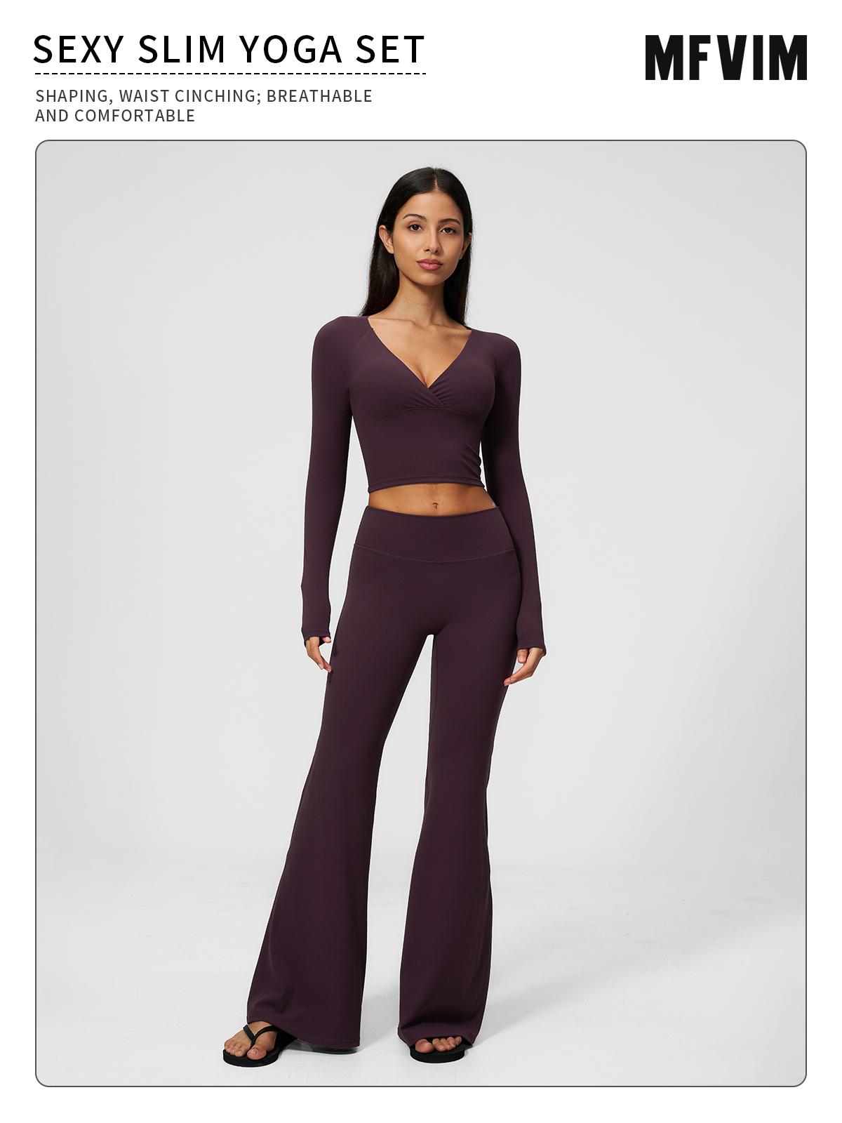 MFVIM Women’s Cross Deep V Long Sleeve Fitness Two-Piece Set – High-Waisted Slightly Flared Pants, Slimming Commuter Running Yoga Activewear Set,travel essentials,camping essentials,back to school,back to school haul