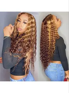 180% Density Human Hair Wig 13x4 Lace Front, Pre-Plucked Baby Hair, Blonde Highlight Deep Wave, Ombre Honey Blonde, Comfortable Natural Look, Deep Wavy Hair, Glueless Frontal Wig, Glueless Curly Wigs