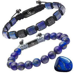 GT Collection 2 Piece Set Lapis Lazuli Single Bead & Flatbead Bracelet Natural Gemstones 10mm Beads Adjustable Macrame Knot Ultra-Wearable
