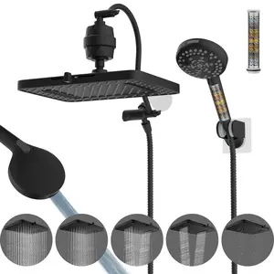 Hibbent Upgraded 5-spray 13'' Dual Filtered Rainfall Shower Head Combo, High Pressure 10-setting Handheld Shower Head with 12'' Adjustable Extension Arm, 20 Stage Shower Filter, 71'' Hose, Matte Black