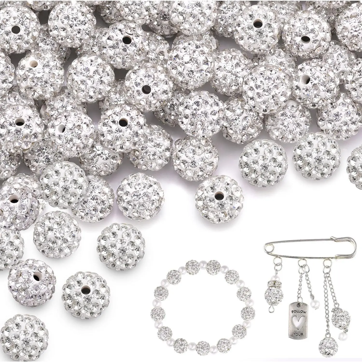 100 pcs 10mm Rhinestone Beads for Jewelry Making Crafting, White Shiny Round Disco Baseball Necklace Beads for DIY Shamballa Sparkle Crystal Clay Christmas Bracelet Earring 100 pcs 10mm Rhinestone Beads for Jewelry Making Crafting, White Shiny Round Disco Baseball Necklace Beads for DIY Shamballa Sparkle Crystal Clay Christmas Bracelet Earring