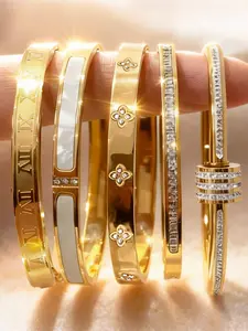 Women's Stackable Bracelets Set, Waterproof Feature Roman Numeral Design Cubic Zirconia Jewelry Gift Ready, Daily Party Fashion Accessories, Fashionable Bangles