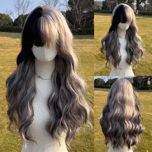 SMILCO 28'' Highlight Black and White with Curtain Bangs, Glueless, Natural-LookingScalp, Full Machine Cap, Adjustable Straps &Breathable Cap, Vibrant Color & Soft Texture SM391