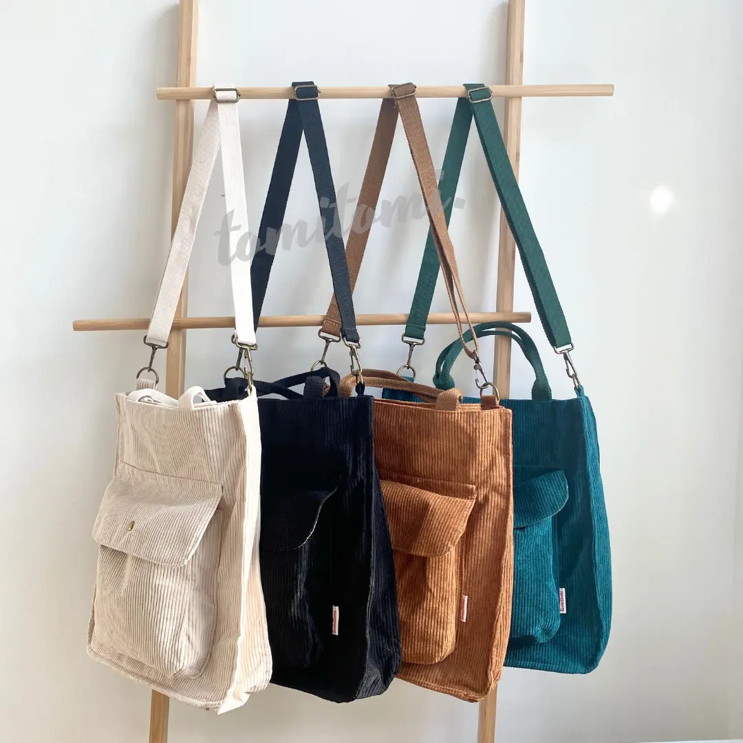 Cute Retro Corduroy Tote Bag with Zipper and Inner pocket in Multiple Colors | Black, Brown, Beige, and Teal