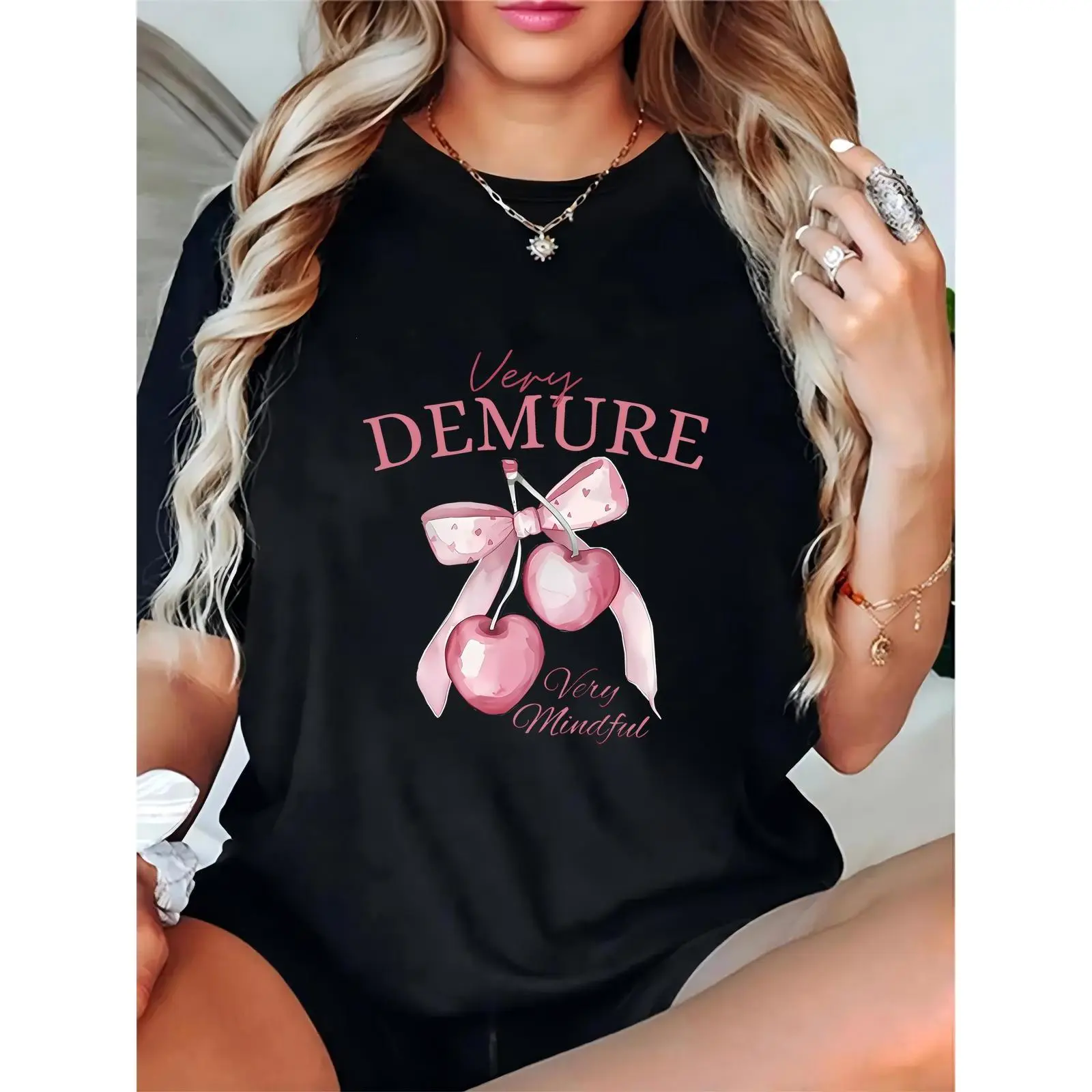 Women's 100% Cotton Round Neck Short-Sleeve Lightweight Breathable T-Shirt, Black with Pink Cherry & Bow Print, "Very Demure Very Mindful" Casual Daily Top, Shortsleeve, Tshirt, Skirts, Crew Neck, Relaxed Fit, Bow Detail, Casual Top, Cherry Print