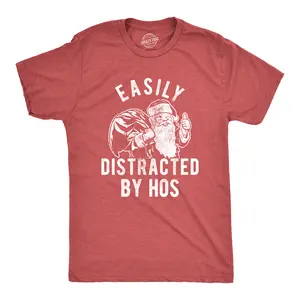 Mens Easily Distracted By Hos T Shirt Funny Christmas Party Novelty Santa Graphic Tee for Guys Mens Funny T Shirts Cool Vintage Fashion T-Shirt Gift Classic Menswear Christmas Apparel for Men Funny Sarcastic Red