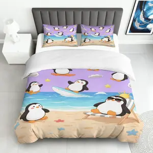 Penguin Ocean Theme Bedding Set, 3 Piece Sheet Set Includes 1 Fitted Sheet + 2 Pillowcases, Comfortable Fashion for Bedroom Dorm Beach Villa Guest Room