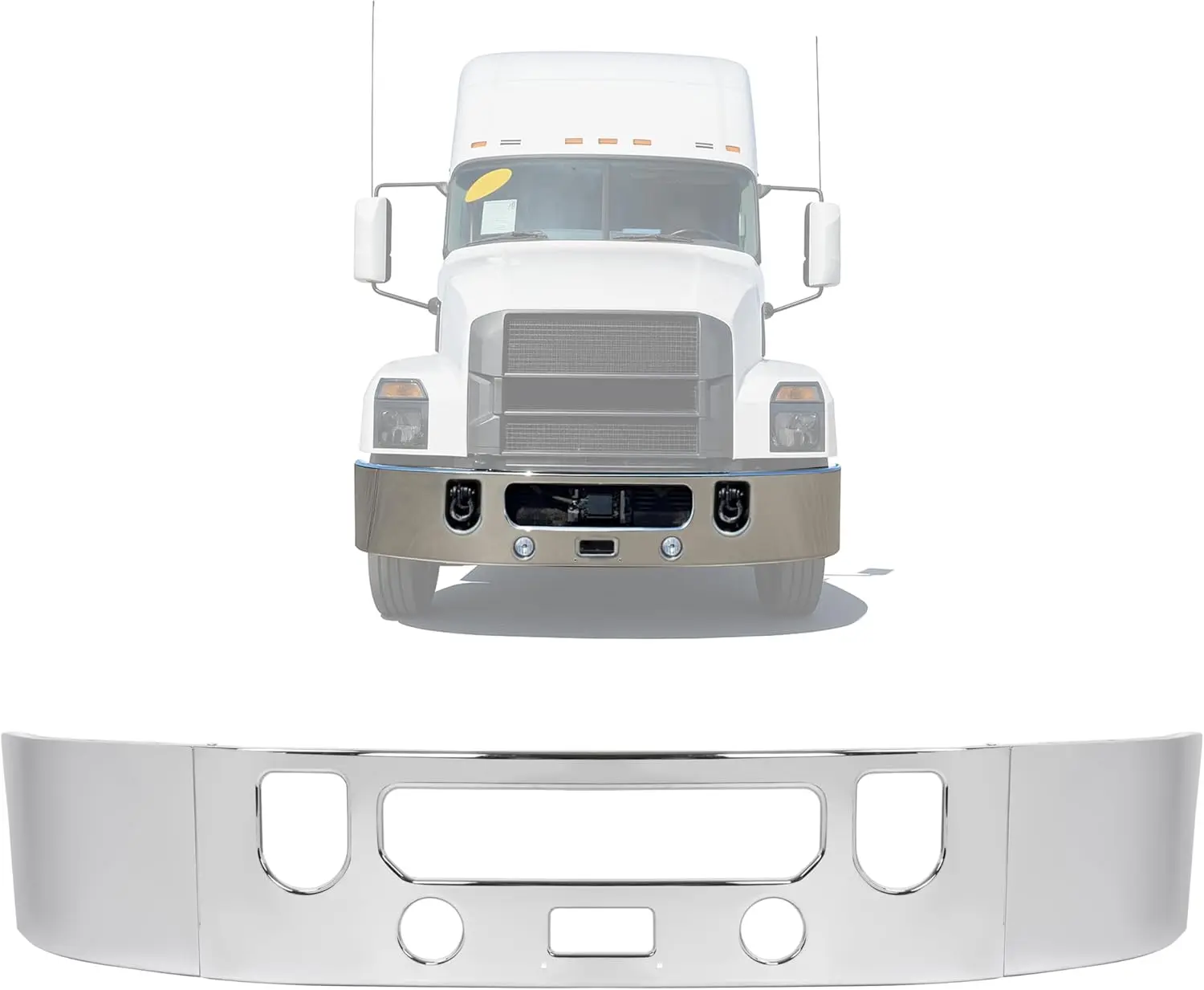 HECASA 3PCS Steel Chrome Finish Front Bumper for Trucks, Self-Install, with Fog Light Cutouts, Tow Hole, Vent, Center Step Cutouts, Ventilation Aid, Engine Cooling, Visibility Enhancement, Compatible with 2002-Up Mack Vision/CX 17, 2017-Up Anthem