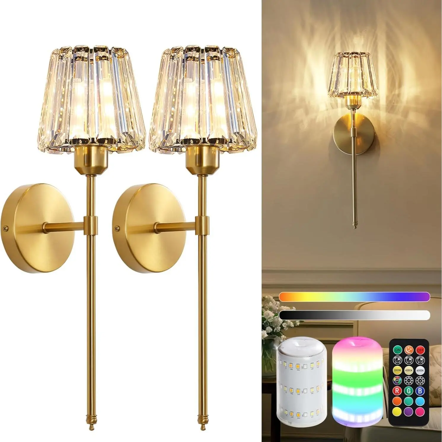 Crystal Battery Operated Wall Sconces Set of 2, Rechargeable Wireless Wall Lights with Remote, 13 RGB Color Dimmable, Auto Timer Wall Lamps Fixture for Living Room Bedroom RV