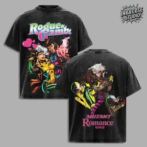 InkVerse Limited Edition Rogue and Gambit X-Men Comic Graphic Tee, Mutant Couple Power Design T Shirt, Rogue Touch & Gambit Cards Energy Art, Oversized Streetwear Unisex Tee, Vintage Superhero Style, Gift for X-Men Fans
