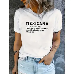 Women's Retro Graphic Short Sleeve T-Shirt - Bold "MEXICANA" Print with Mexican Phrases, Geometric Pattern, Semi-Sheer Round Neck Summer Top, Machine Washable Casual Tee, Mexican T Shirt, Ethnic Cuisine Apparel