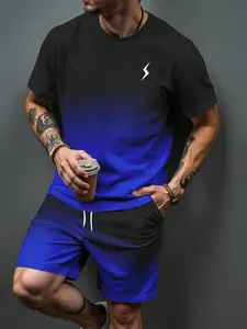 Men's sporty casual two-piece set: gradient white short-sleeved T-shirt with lightning bolt print and drawstring shorts. Stylish and versatile men's suit.