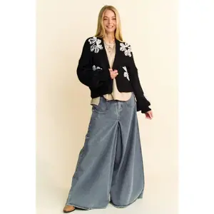 Davi & Dani Floral Applique Open Front Dropped Shoulder Cardigan