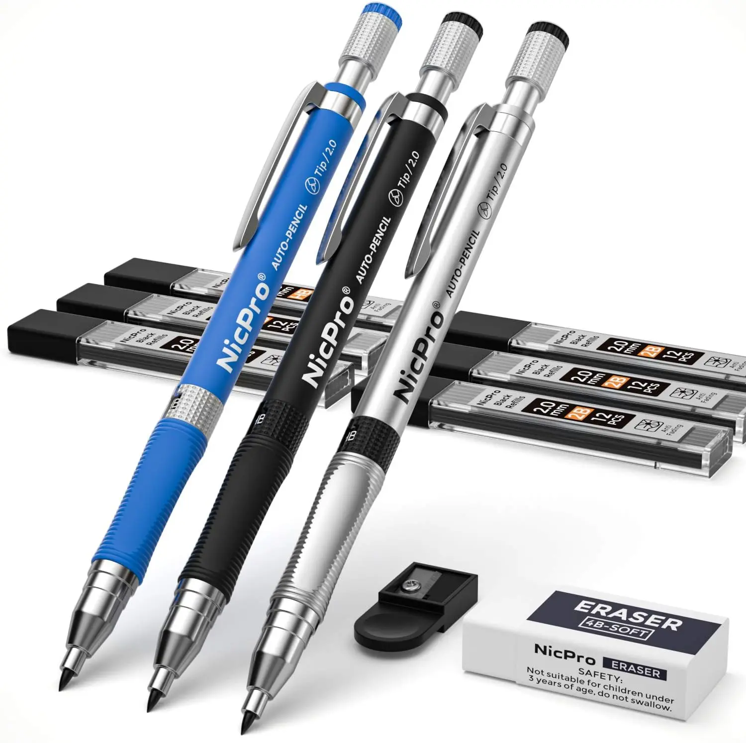 11 Pieces 2mm Mechanical Pencil Set, 3 PCS Carpenter Drafting Pencil 2.0 mm for Art Drawing Writing Sketching Construction with 6 Tube Pre-Sharpen HB & 2B Refill, Eraser, Sharpener