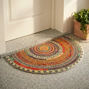 Half Round Door Mat Semi Circle Bathroom Floor Rug Mandala Boho Bohemian Non Slip Welcome Entrance Way Absorbent Bath Mat Microfiber Tufted Indoor Rug for Kitchen Living Room Multicolor