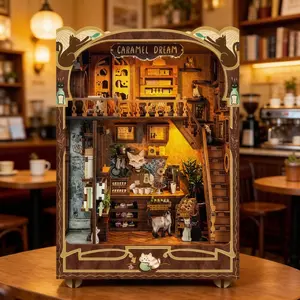 Handcrafted Wooden Book Nook Model, Miniature Coffee Shop Scene, Miniature Scene Deco, Handmade Home Decor, Bookshelf & Study Decor Pieces,ique Desktop Ornament - Ideal for Christmas, Thanksgiving, and Birthday Gifts (Batteries and Tool Glue Not Included)