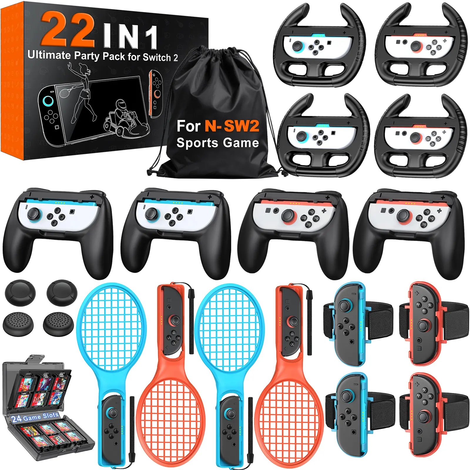 ESYWEN Switch 2 Sports Accessories Bundle – 22 in 1 Family Party Kit for Nintendo Switch 2 Only, with Tennis Rackets, Steering Wheels, Wrist Straps, Grips, Joystick Caps, Card Case & Storage Bag