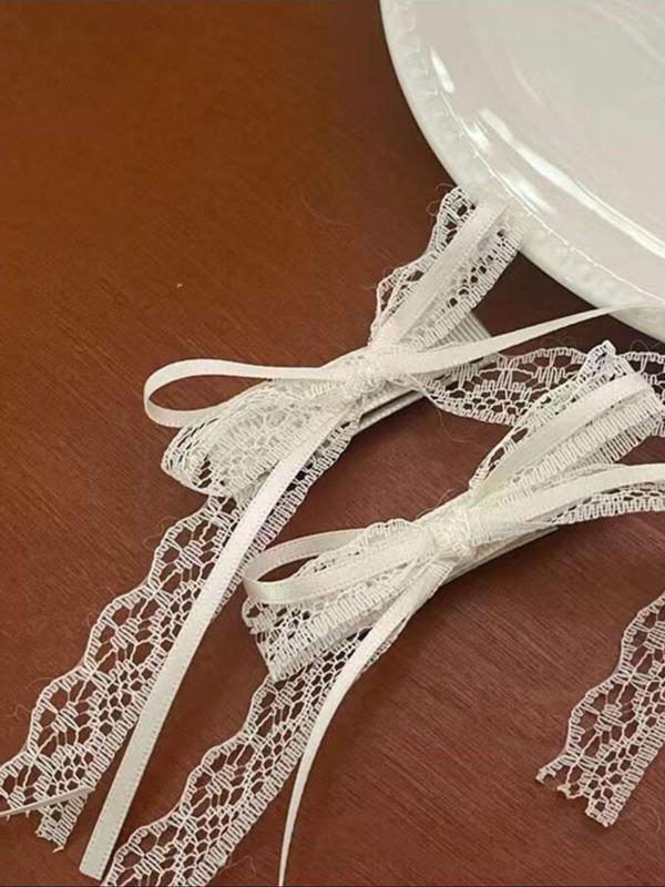 Lace Hair Bow with Long Tail Coquette Bows - Elegant White Ribbon Hair Accessory Hair Ribbons for Women (A Pair)
