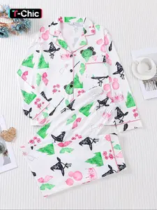 2 pieces of women's Halloween witch hat, princess crown, green castle alarm clock, printed long sleeved pants, pajamas set, top pocket suitable for all seasons, comfortable, energetic, elegant and casual home wear
