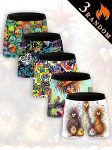 Men's Underwear Set of 3 Random Colors, Monster Graffiti & Furry Chicken Prints, Comfortable Daily Wear, Casual Style, All Seasons