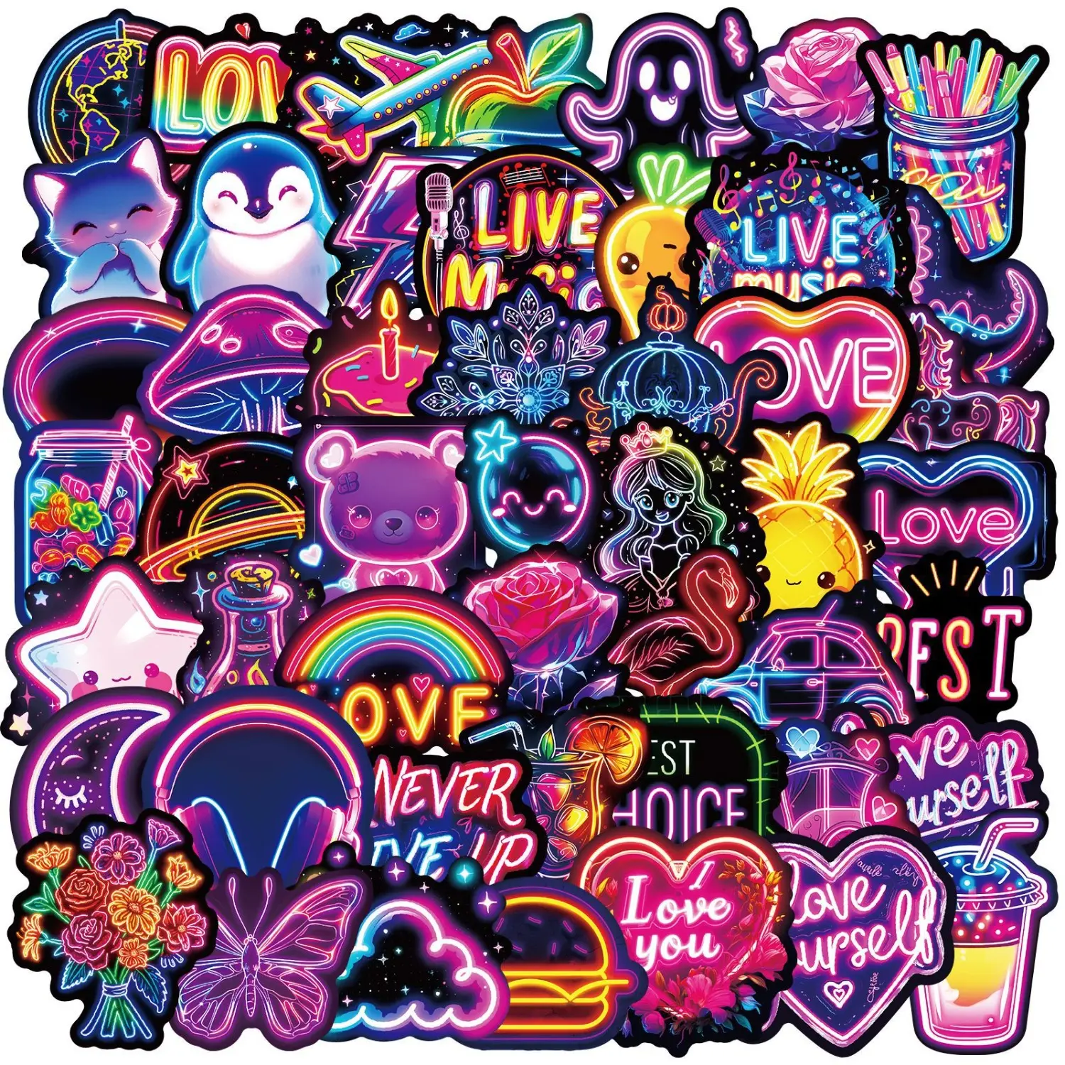 50pcs Neon Light Hand Drawn Series Stickers, Decorative Decal, Sticker Decals, Suitable for Faith Based Designs Such As Scrapbooks, Diaries, Laptops, Water Bottles, Cars, Etc., As Gifts with Positive Information