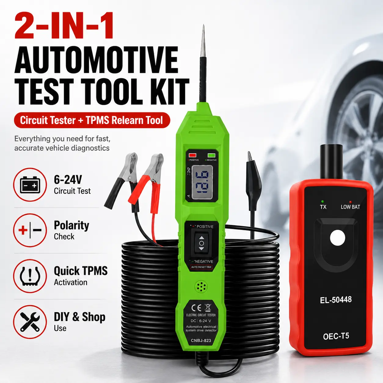 2 in 1 Automotive Electrical Tester Kit, CNBJ-823 6-24V Circuit Tester with LCD Display + EL-50448 TPMS Sensor Activation Tool, Vehicle Diagnostic Tools for Auto Repair and Maintenance