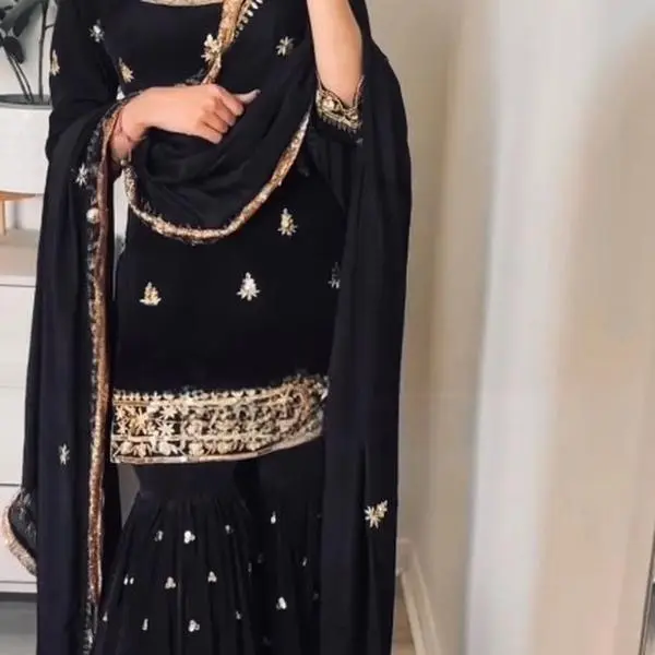 Designer natural crepe embroidery sequence worked up sharara with dupatta in black
